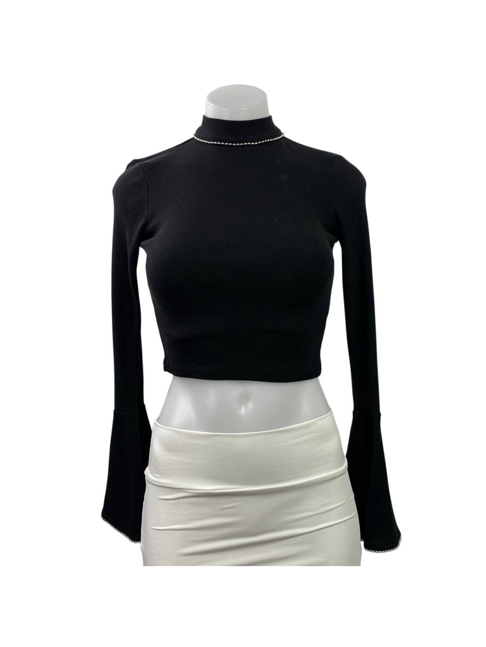 Topshop Women's Black Ribbed Knit Mock Neck Long Bell Sleeve Crop Top Size S